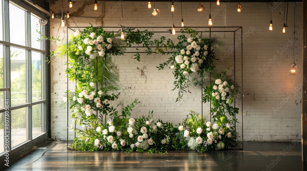 Poster a white and green floral arrangement is displayed in a room with a lot of light. the arrangement is 