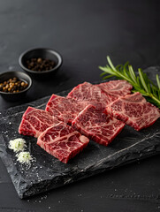 close up of fatty raw wagyu/kobe steak meat with herb garnish on a black stone plate