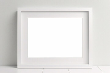 Fototapeta premium Marco vertical rectangular ligero y delgado colgado en una pared con textura blanca, plano, vista superior, ilustración 3D.