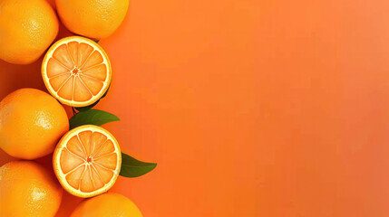 A cluster of oranges neatly arranged in a stack on top of each other against an orange background