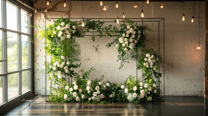 A white and green floral arrangement is displayed in a room with a lot of light. The arrangement is in the shape of a square and is placed on a wall