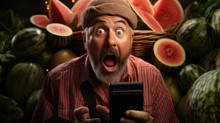 Excited Man in Cap Discovering Deals on His Phone Surrounded by Watermelons