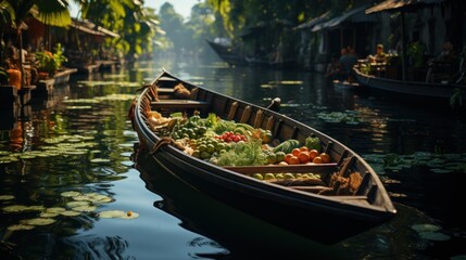 Obraz premium Scenic Aerial View of Lush Floating Market in Thailand with Boat Loaded with Fresh Produce