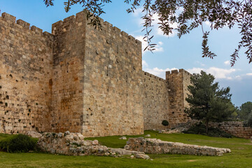 The monumental fortress walls of Old City of Jerusalem.  