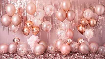 A pink and gold room with a lot of balloons