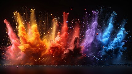 A colorful rainbow paint color powder explosion appears on a black background