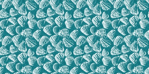 Teal turquoise blue white shell motif with linen seamless batik border background. Modern coastal beach cottage rustic shell block print home decor pattern design in sealife banner beach style. 