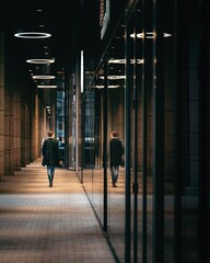Street Photo of Man in Long Coat Walking Away in Long Corridor with Reflection in Glass at Night in...