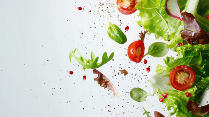 A salad featuring crisp lettuce, juicy tomatoes, and assorted fresh vegetables, on a clean white background