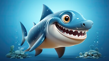 Obraz premium Friendly Cartoon Shark in a Blue Ocean: Children's Illustration with Smiling Shark and Bubbles