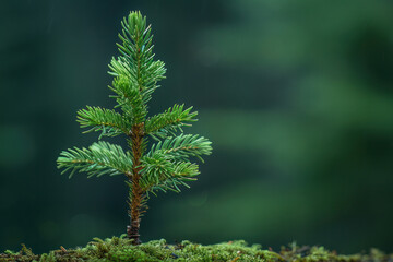 A small pine tree grows amidst moss on the forest floor