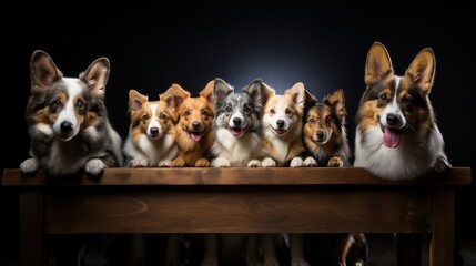 Charming Lineup of Six Corgi Puppies on a Wooden Bench in a Studio Setting