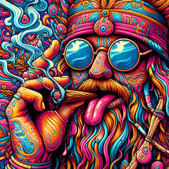 Digital art vibrant colorful psychedelic hippie character smoking a blunt