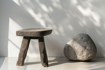 A stone stool sits next to a rock on the ground