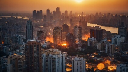 City Blaze, Bright Sun and Intense Heatwave, Spotlighting Urban Heat Island Phenomenon and Global Warming Impact