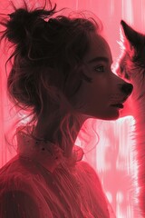 Fototapeta premium Mystical Encounter: Young Woman and Wolf in a Red Neon Fantasy