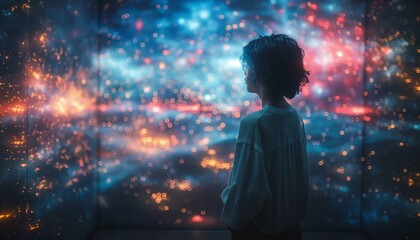 Child gazing at vibrant cosmic lights