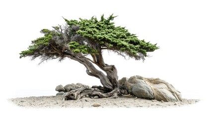 Fototapeta premium Monterey Cypress Tree Isolated on White Background. Coastal California Scenery with Ocean Pebble