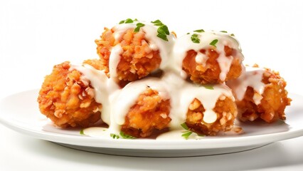 Breaded chicken meatballs with oozing stretchy mozzarella cheese isolated on a white background.