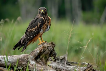 Harrier Perched on a Log in Nature, Male Bird Standing with Majestic Bill - obrazy, fototapety, plakaty