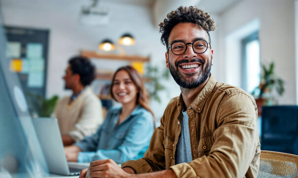 people working together in a office, diverse team of young professionals. Tech startup, casual, grad students, man, woman, beard