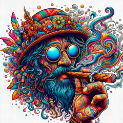 Digital art vibrant colorful psychedelic hippie character smoking a blunt