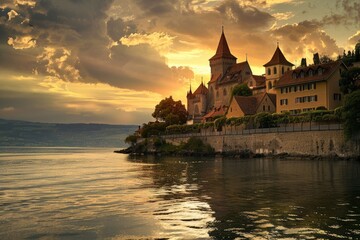 Naklejka premium Castle and Skyline at Sunset. Lakeshore View with Jura Mountains and Church
