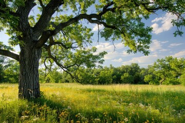 Fototapeta premium Midwest Oak Savanna in Full Bloom. A Scenic View of Illinois Woodland with Wildflowers and Lush