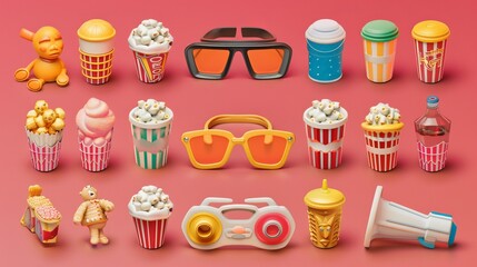 Enjoy movie time with cinema popcorn, cold soft drink, and 3d glasses for a refreshing experience