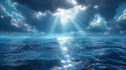 depicts the sun's bright rays shining through dramatic dark clouds over the sea.