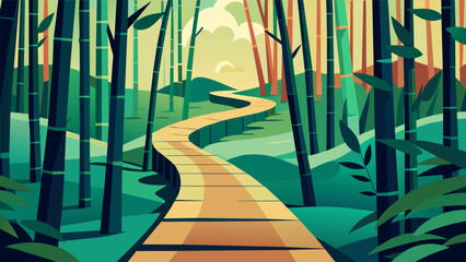 A meandering walkway through a bamboo forest providing a serene setting for mindful strolls and deep breathing.. Vector illustration