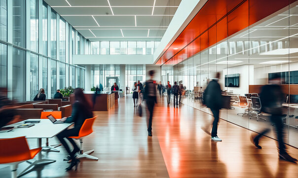 blurred business people walking in an office, motion blur modern colors, movement, people moving, team in action, time lapse  - Powered by Adobe