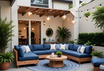  A modern outdoor patio with a large blue sectional sofa, a round wooden coffee table, and hanging light fixtures . The patio has a covered roof and is surrounde