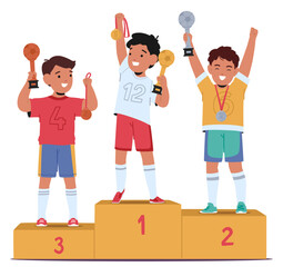 Three Jubilant Young Soccer Players Stand On Winner Podiums. Characters Holding Trophies And Medals, Vector Illustration