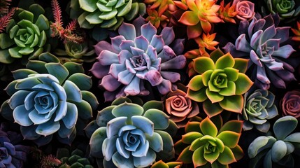 Colorful succulents in various shades of green, blue and purple. The dark background with light from above creates an effect that highlights the colors of each flower.