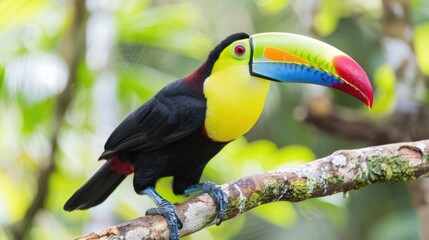 Fototapeta premium Keel Billed Toucan Isolated on White Background. Stunning Big Beak and Blue Throat, Black Feathers