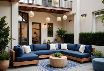  A modern outdoor patio with a large blue sectional sofa, a round wooden coffee table, and hanging light fixtures . The patio has a covered roof and is surrounde