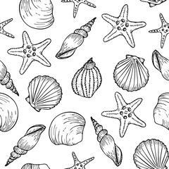 Underwater seamless pattern with seashells line art illustrations in black color. Scallop sketch, seashell line drawing. Summer ocean beach print for background, textile, fabric
