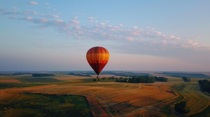 Rural Landscape with Hot Air Balloon Soaring High in the Sky during Summer Day for Scenic