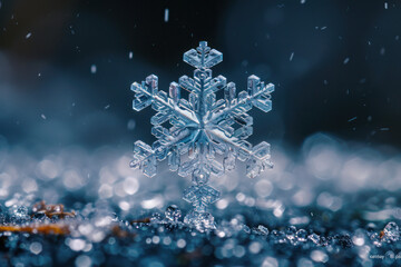 Fototapeta premium A single, intricate snowflake is prominently displayed in the middle of the composition, showcasing its delicate details