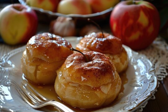 Homemade Apple Dumplings on a Plate with Fork - Delicious Sweet Baked Dessert from Bushel of Apples