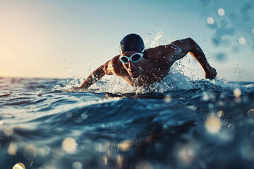 Triathlon swimming man running out of water during ironman race. Male triathlete finishing swim time competition. Fit athlete swimmer sprinting determined out of water in professional tri suit
