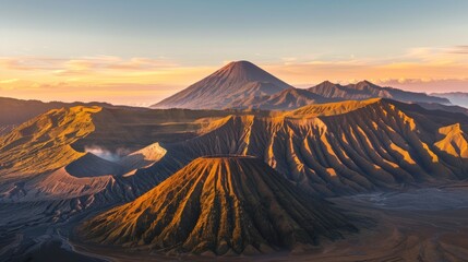 Mount Bromo volcano (Gunung Bromo) during sunrise from viewpoint on Mount Penanjakan