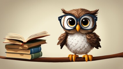 Cute baby owl in big reading glasses with a place for text.
