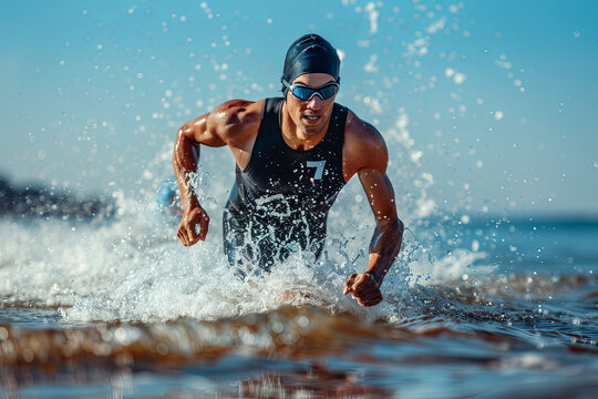 Triathlon swimming man running out of water during ironman race. Male triathlete finishing swim time competition. Fit athlete swimmer sprinting determined out of water in professional tri suit

