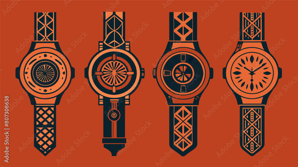 Poster each watch is a unique piece of craftsmanship with etched patterns and intricate bands.. vector illu