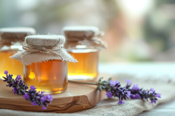 Cute little glass jars of honey with lavender on a wooden board, with a blurred background and copy space.