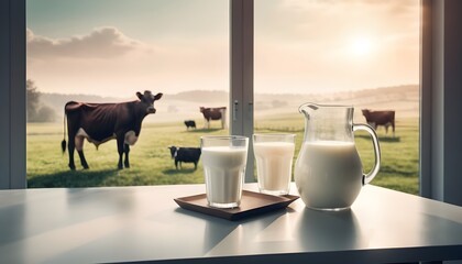 world milk day with a glass of milk and jug of milk is holding on a table behind it a pleasant view of nature  
