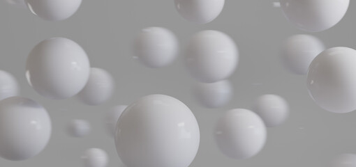 Abstract background with dynamic 3d spheres. White glossy spheres and balls on a white background with reflection. Flowing white soft spheres. 
