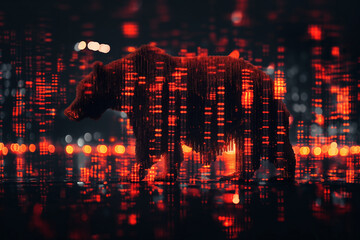 Pixelated digital bear surrounded by fiery data